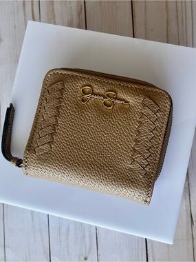 Jessica Simpson Tan and Gold Zip Wallet with Woven Accents